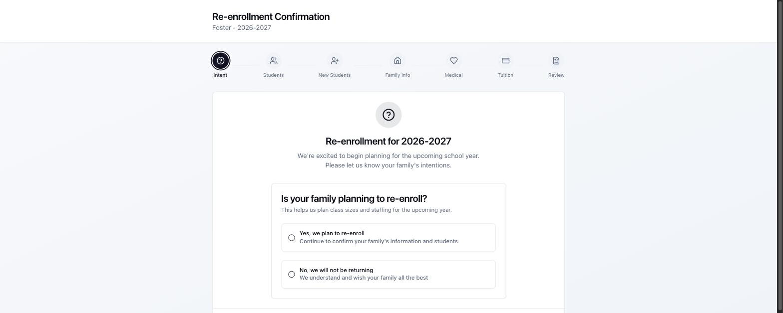 The parent portal as a family sees it, asking whether they plan to re-enroll, with the steps of the form shown across the top.